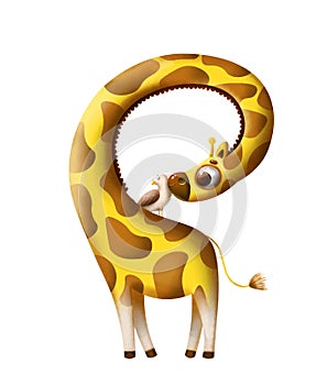 Funny cartoon giraffe with a bird and a letter of the alphabet