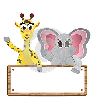Funny cartoon giraffe and elephant with text box