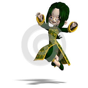 Funny cartoon girl in green china dress. 3D