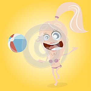 Funny cartoon girl is playing beach ball