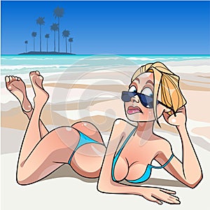 Funny cartoon girl in a swimsuit sunning on a tropical seashore photo