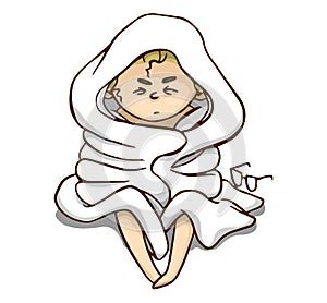 Funny cartoon girl wrapped in blanket. Vector colorful hand drawn illustration