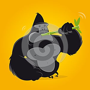 Funny cartoon gorilla eating bamboo vector illustration