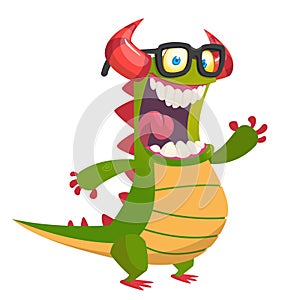 Funny cartoon green dragon wearing eyeglasses. Vector Halloween illustration