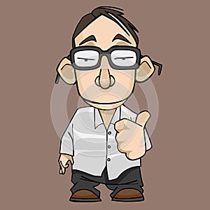 Funny cartoon guy with glasses approvingly showing thumb up
