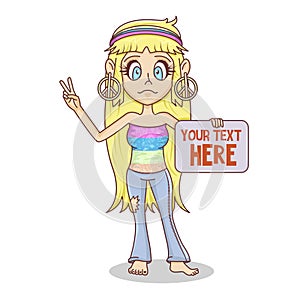 Funny cartoon hippie character holds a sign. Girl hippie blonde with in flared pants. Retro fashion sixties seventies