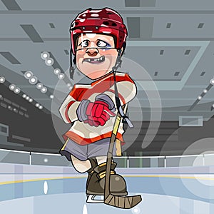 Funny cartoon hockey player with bruise under an eye standing on the ice