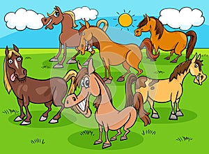 Funny cartoon horses farm animals group