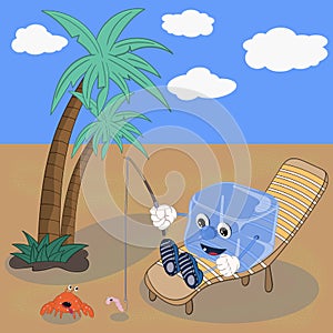 A funny cartoon ice cube on a desert vacation sits on a couch and catches a crab on a fishing rod, using the worm as a bait