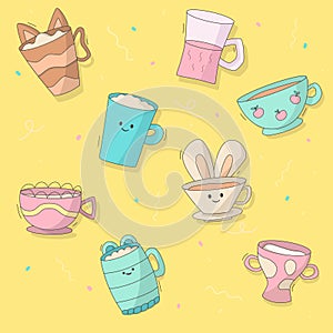Funny cartoon icon set. Pattern of colorful cups for tea and coffee in the shape of animals