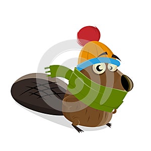 Funny cartoon illustration of a beaver with wool hat and scarf