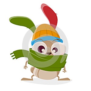 Funny cartoon illustration of a crazy rabbit with hat and scarf