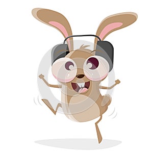 Funny cartoon illustration of a crazy rabbit with headphones