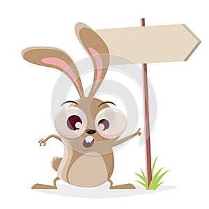 Funny cartoon illustration of a crazy rabbit with important sign