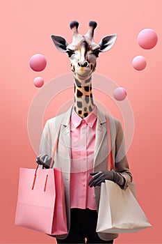 Funny Cartoon Illustration of a fashionable Giraffe woman shopping