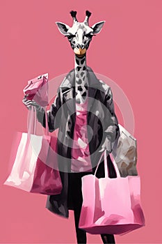 Funny Cartoon Illustration of a Female Giraffe shopping