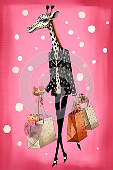 Funny Cartoon Illustration of a Female Giraffe shopping