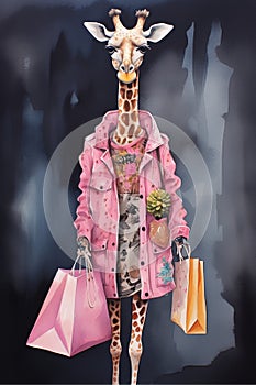 Funny Cartoon Illustration of a Female Giraffe shopping