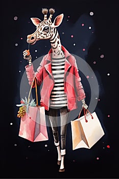 Funny Cartoon Illustration of a Giraffe shopping