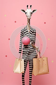 Funny Cartoon Illustration of a Giraffe woman shopping