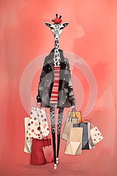 Funny Cartoon Illustration of a Giraffe woman shopping