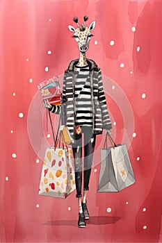 Funny Cartoon Illustration of a Giraffe woman shopping