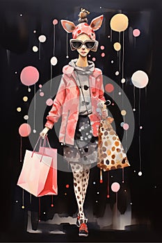 Funny Cartoon Illustration of a Giraffe woman shopping