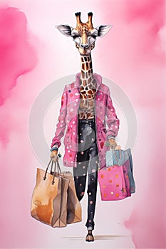 Funny Cartoon Illustration of a Giraffe woman shopping wearing a trendy outfit