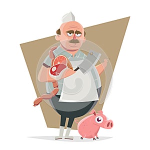 Funny cartoon illustration of a grumpy butcher with meat sausages and a pig