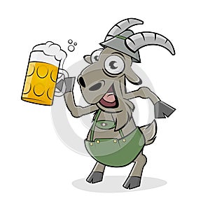 Funny cartoon illustration of a happy bavarian goat with beer