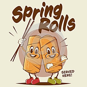 Funny cartoon illustration of happy spring rolls