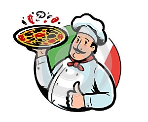 Funny cartoon illustration Italian chef holding delicious pizza. Restaurant, pizzeria emblem vector illustration