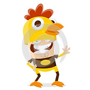 Funny cartoon illustration of a man in a chicken costume