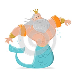 Funny cartoon illustration of non-swimmer poseidon or neptune