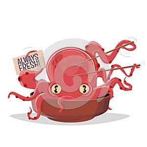 Funny cartoon illustration of an octopus with chopsticks and a sign with text always fresh