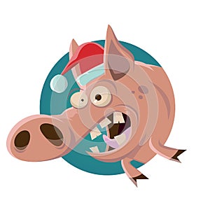 Funny cartoon illustration of a pig in christmas outfit