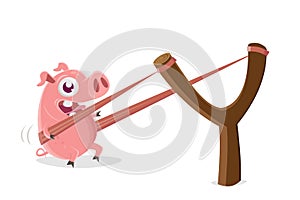 Funny cartoon illustration of a pig in a slingshot