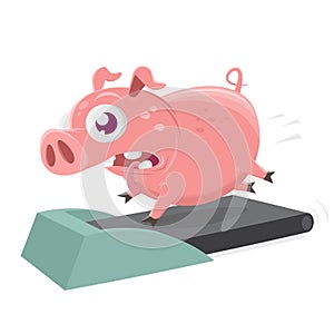 Funny cartoon illustration of a pig on a treadmill