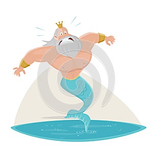 Funny cartoon illustration of poseidon or neptune is afraid of going into the water