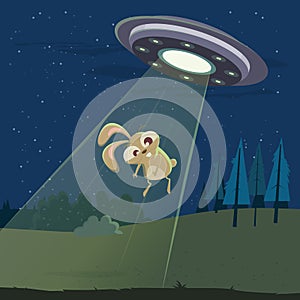 Funny cartoon illustration of a rabbit ufo abduction