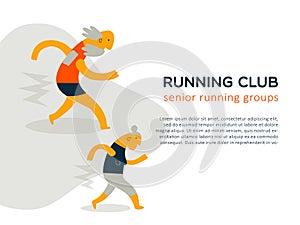 Funny cartoon illustration of running senior couple. Senior running club vector concept. Web banner template.