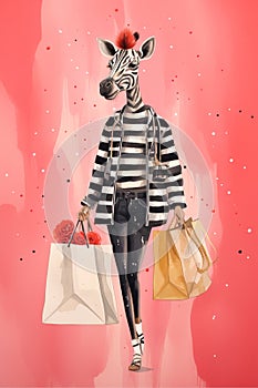 Funny Cartoon Illustration of a Zebra shopping