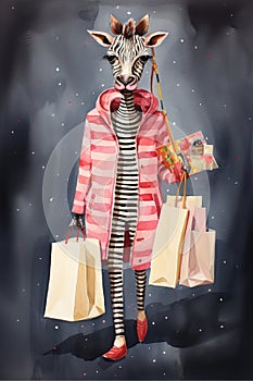 Funny Cartoon Illustration of a Zebra shopping