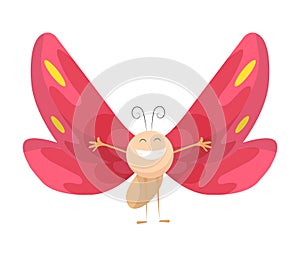 Funny cartoon insect isolated on white. Vector butterfly character. Happy animal. Colorful hand drawn illustration. Flat