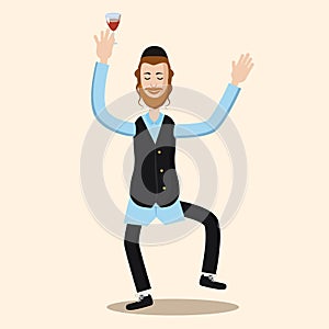 Funny cartoon Jewish man dancing with vine. Vector illustration isolated background