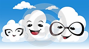 Funny cartoon kawaii clouds with glasses on the the blue sky. Vector illustration