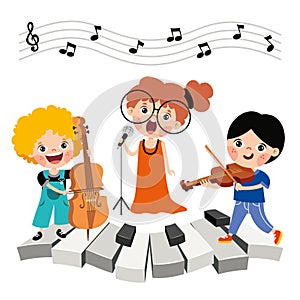 Funny Cartoon Kids Playing Music