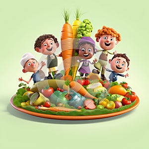 Funny Cartoon Kids Standing on a Large Vegetable Food Platter. Generative ai