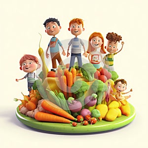 Funny Cartoon Kids Standing on a Large Vegetable Food Platter. Generative ai