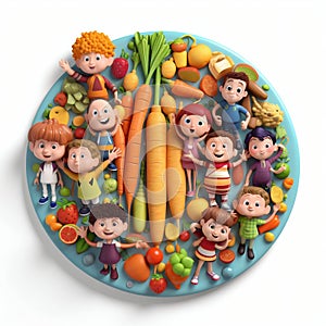Funny Cartoon Kids Standing on a Large Vegetable Food Platter. Generative ai
